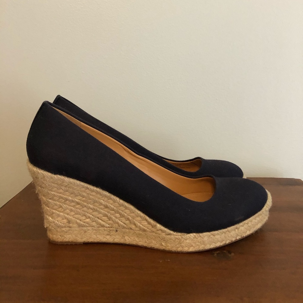J Crew natural and navy wedge heels
